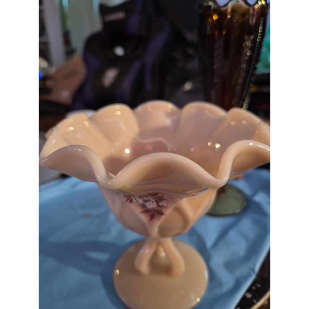 Vintage Westmoreland Peach Milk Glass Pedestal Compote In The Beaded...